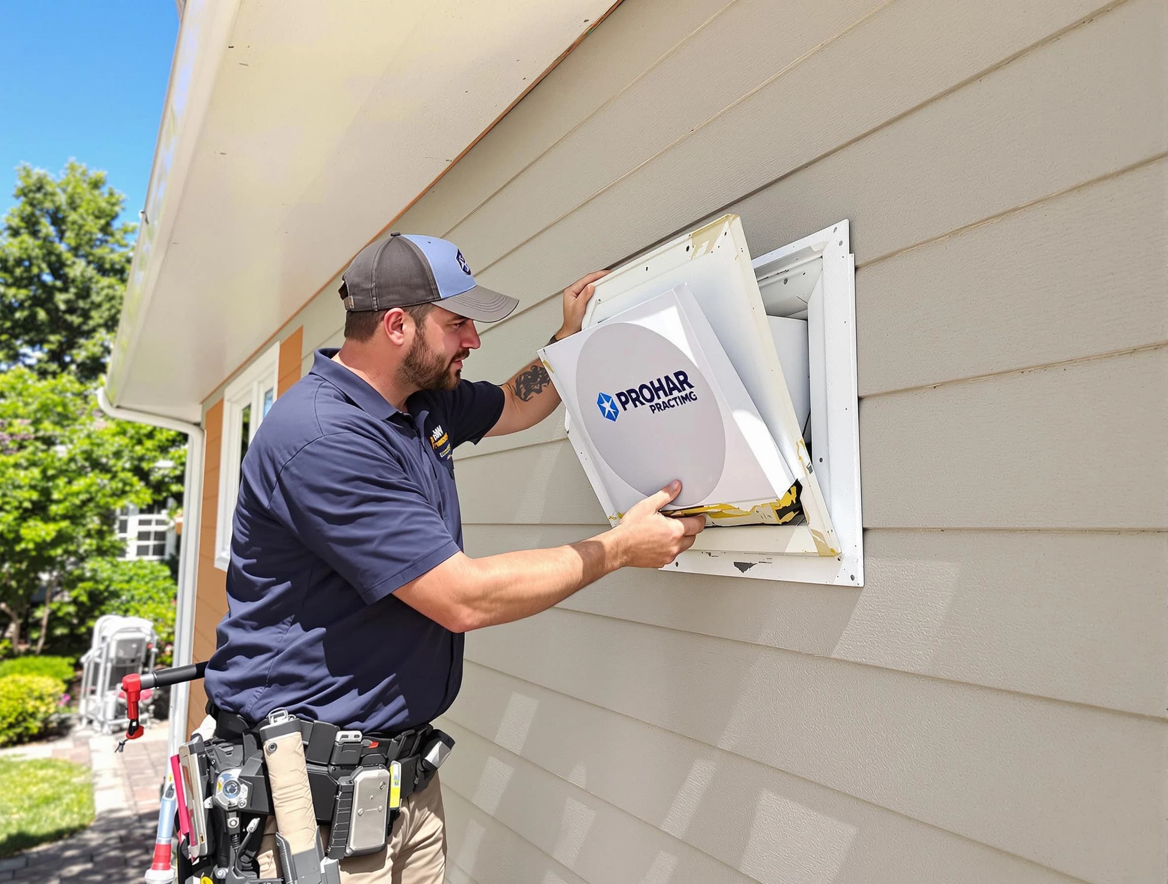 Sherrelwood Dryer Vent Cleaning technician installing a new protective dryer vent cover on a home in Sherrelwood