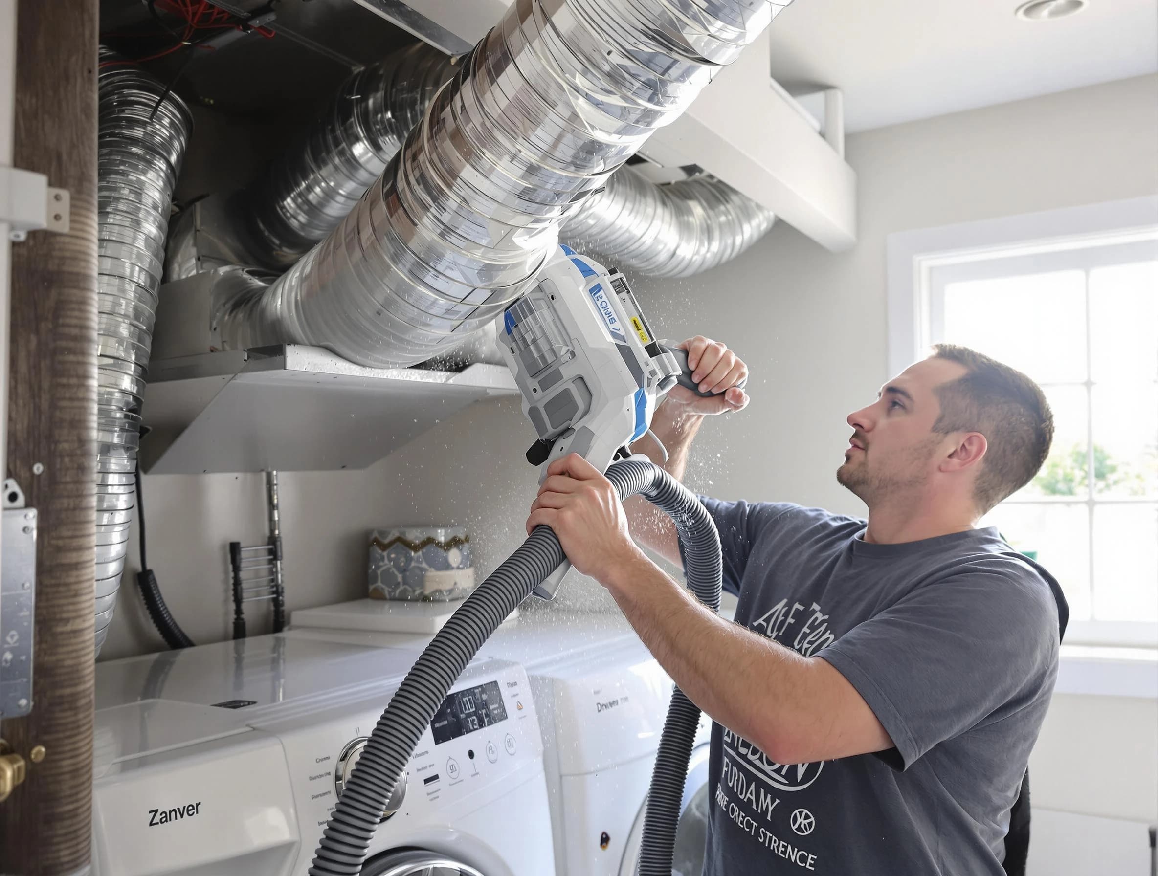 Sherrelwood Dryer Vent Cleaning specialist cleaning deep within a dryer vent duct system in Sherrelwood