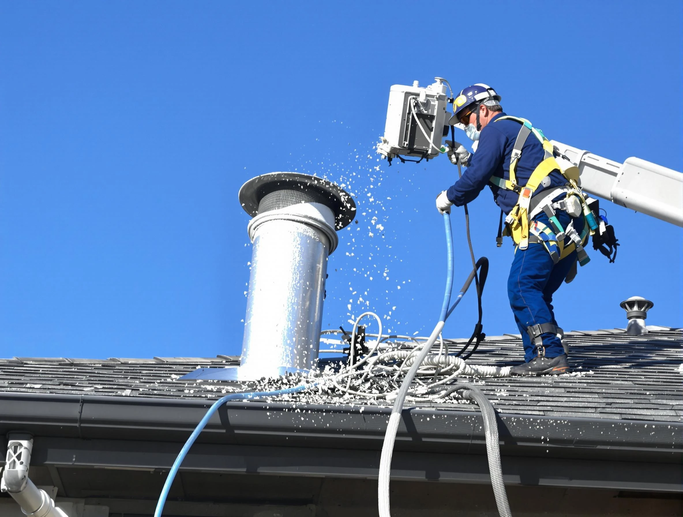 Sherrelwood Dryer Vent Cleaning certified technician safely cleaning a roof-mounted dryer vent in Sherrelwood