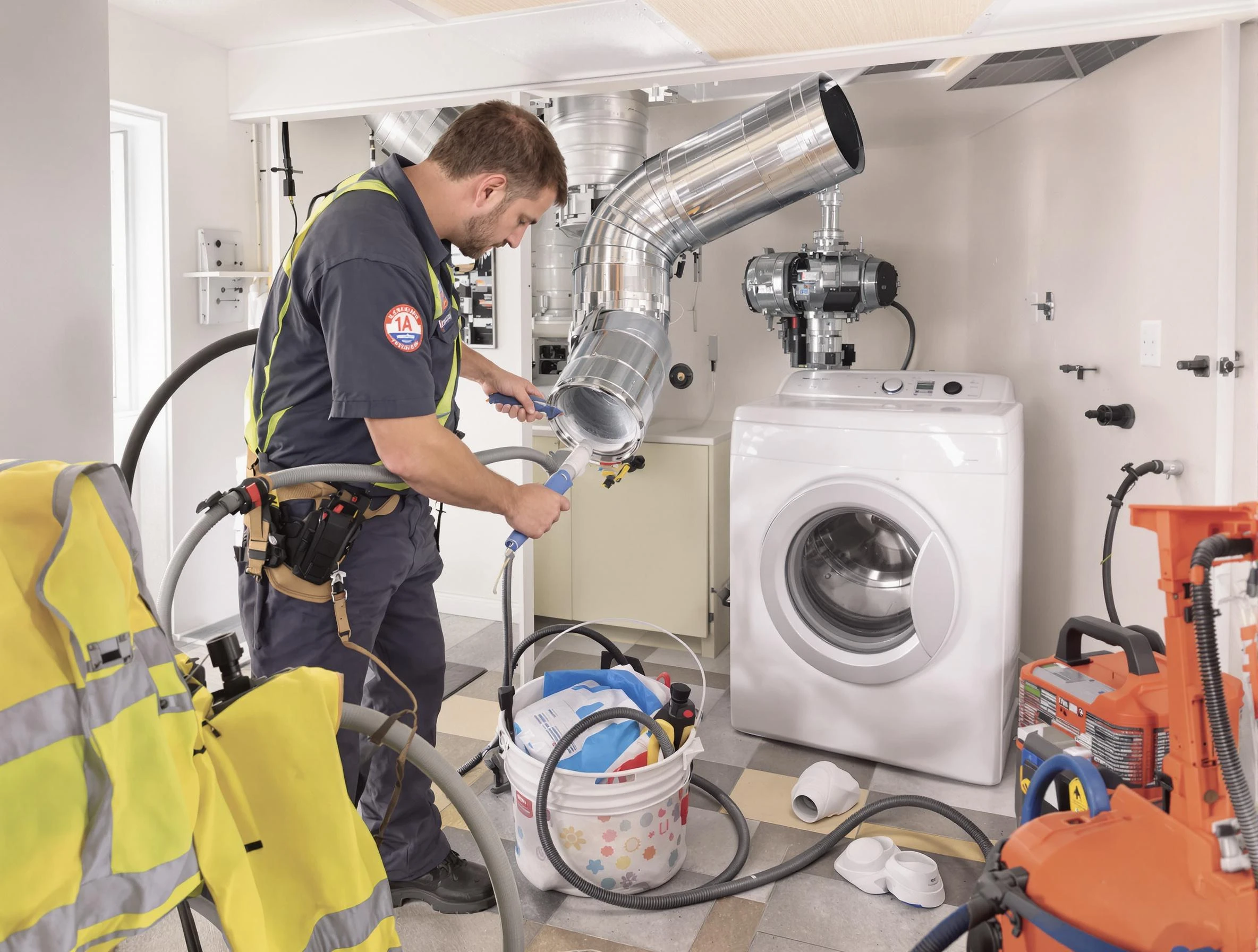 Sherrelwood Dryer Vent Cleaning technician using specialized equipment to clear severe dryer vent blockage in Sherrelwood